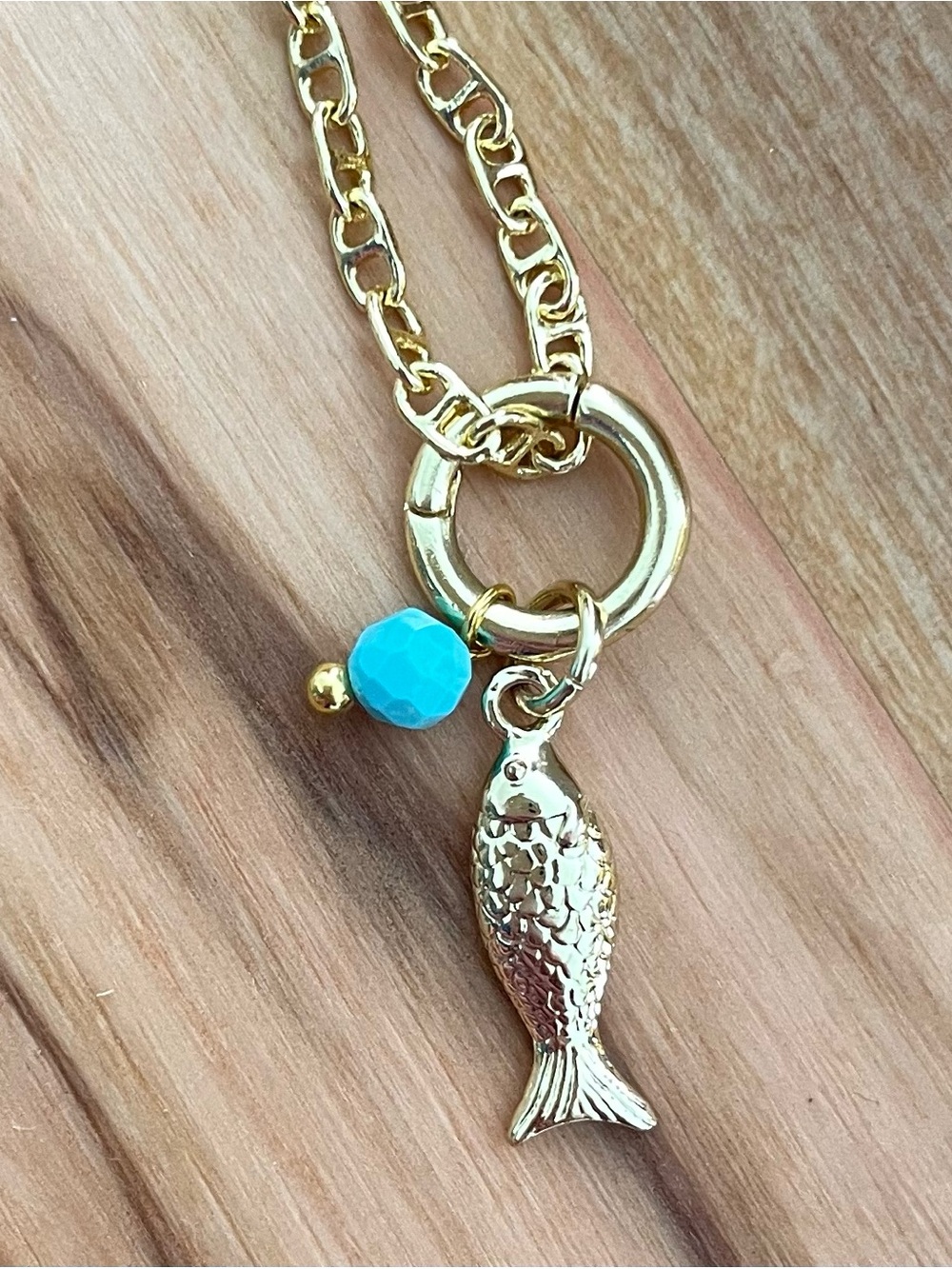 14K Gold Plated Fish Charm Necklace with Turquoise Accent
